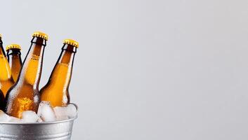 Six beer bottles in a bucket with ice photo
