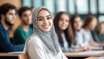 Smiling student in a classroom setting with peers in the background. photo