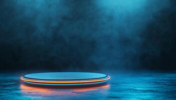 A futuristic platform illuminated by neon lights in a misty environment. photo