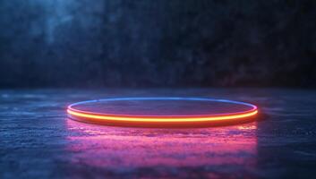 A glowing circular platform with neon lights on a textured surface. photo