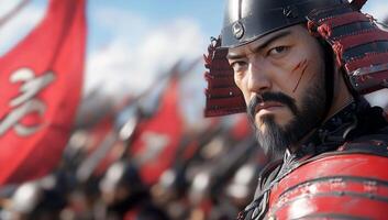 A fierce warrior in armor stands before a battalion with red flags. photo