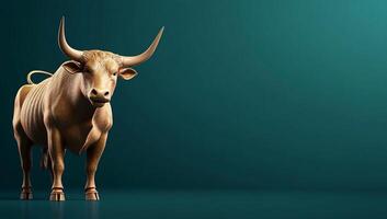 A realistic 3D rendering of a bull against a teal background. photo