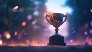 A shiny trophy stands amidst a colorful, blurred background. photo