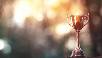 A shining trophy on a blurred background, symbolizing achievement. photo