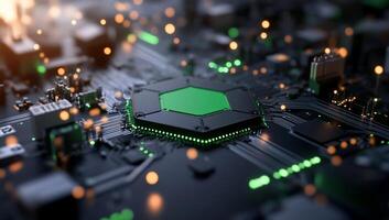 Close-up of a circuit board with a green processor and glowing elements. photo