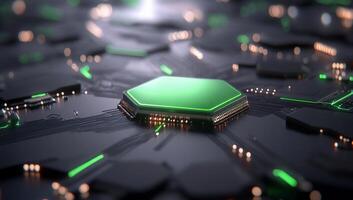 A close-up view of a green-lit microchip on a circuit board. photo