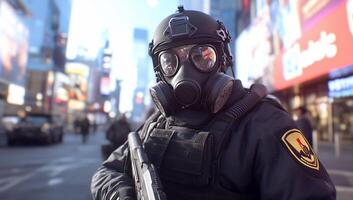 A soldier in a gas mask stands ready in a bustling urban environment. photo