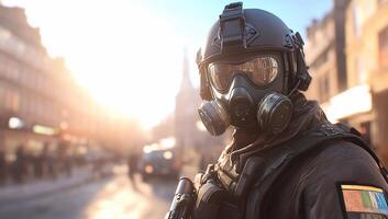 A man in a gas mask and helmet walking down the street photo
