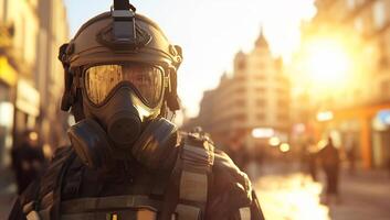 A man in a gas mask and protective gear walking down a street photo
