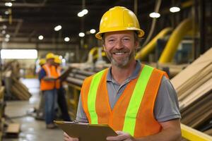 Smiling worker in safety gear holding a clipboard in a factory setting. photo