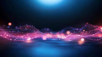 Abstract digital waves with glowing particles in a dark environment. photo