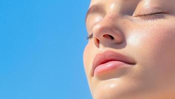 Close-up of a serene face with closed eyes against a clear blue sky. photo