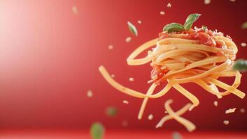 A vibrant plate of pasta with sauce and herbs, floating against a red background. photo