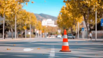A traffic cone is sitting on the side of the road photo