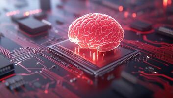 A digital brain on a circuit board, symbolizing technology and intelligence. photo