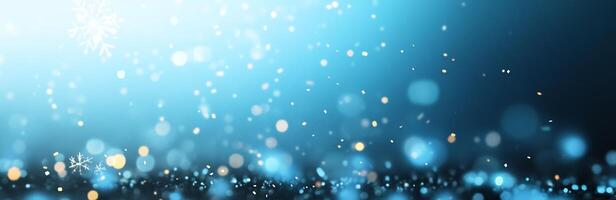 A shimmering blue background with soft bokeh and snowflake motifs. photo