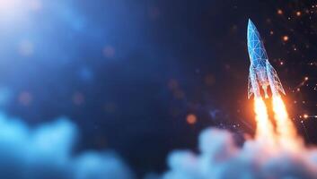 A futuristic rocket launching into space with vibrant flames and sparks. photo