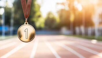 A gold medal with the number one hangs over a blurred running track. photo