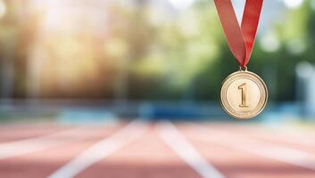 A gold medal hangs on a red ribbon, symbolizing first place in sports. photo