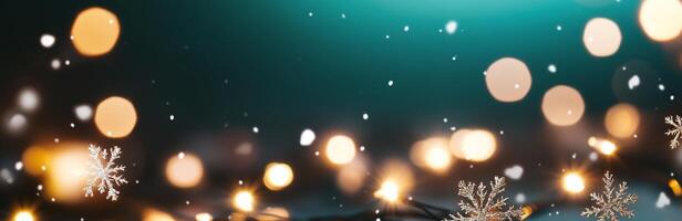 A festive background with glowing lights and falling snowflakes. photo
