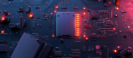 Close-up of a computer circuit board with glowing elements. photo