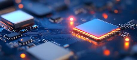 Close-up of a circuit board with glowing microchip components. photo