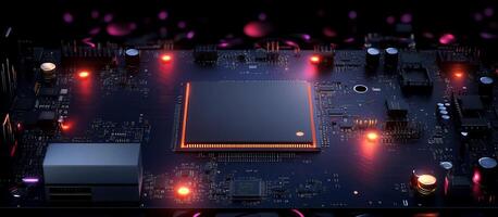A close-up view of a circuit board with glowing components. photo