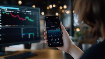 A person checks stock market data on a smartphone in an office setting. photo