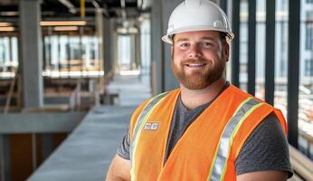 A man in an orange vest and hard hat standing in a construction building photo