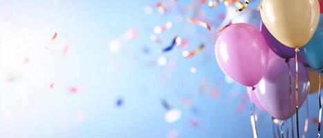 Many balloons and confetti are flying in the air photo