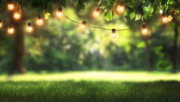 A serene outdoor setting with string lights and lush greenery. photo