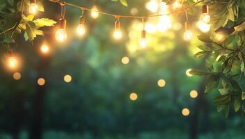 A serene outdoor scene with string lights and blurred greenery. photo