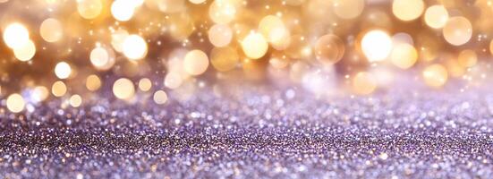 A shimmering background of golden bokeh lights and glitter. photo
