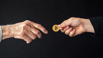 An elderly hand reaching for a Bitcoin from a younger hand. photo