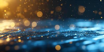 A shimmering surface with golden and blue bokeh effects. photo