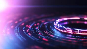 Abstract digital design featuring glowing circular patterns and data streams. photo
