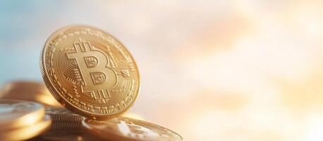 A close-up of a Bitcoin coin against a blurred background. photo