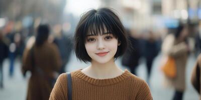 A smiling woman in a crowded urban setting, exuding warmth and confidence. photo