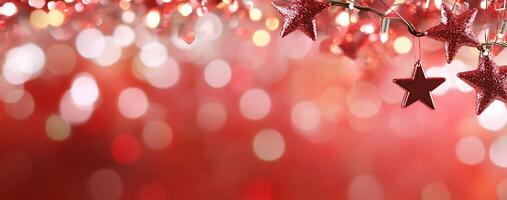 A festive background featuring shimmering red stars and bokeh lights. photo