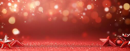 A festive red background with sparkling lights and decorative stars. photo