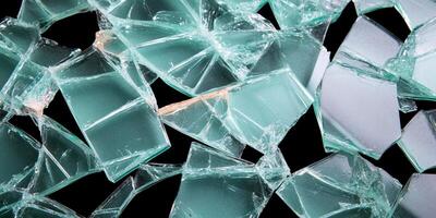 Close-up of shattered glass pieces scattered on a dark surface. photo