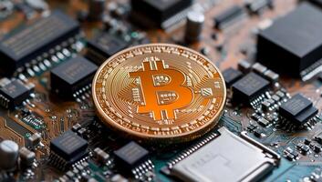 A Bitcoin coin resting on a circuit board, symbolizing digital currency. photo