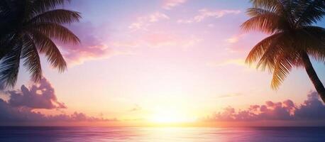 Serene sunset over the ocean with palm trees framing the scene. photo