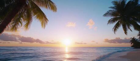 A serene beach scene at sunset with palm trees and gentle waves. photo