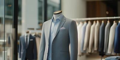 A tailored suit displayed on a mannequin in a stylish retail setting. photo