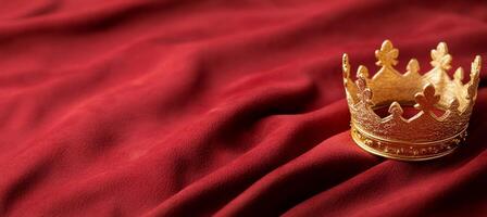 A golden crown resting on a rich red fabric backdrop. photo