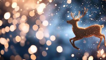 A glittering reindeer leaps against a dreamy, bokeh-filled background. photo