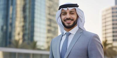 A smiling man in traditional attire stands in an urban setting. photo