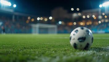 A close-up of a soccer ball on a field at night, with blurred background. photo