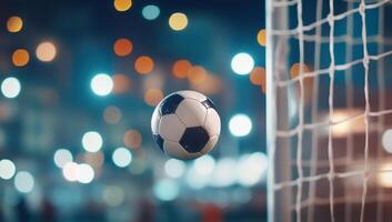 A soccer ball is about to enter the goal, with a blurred background. photo